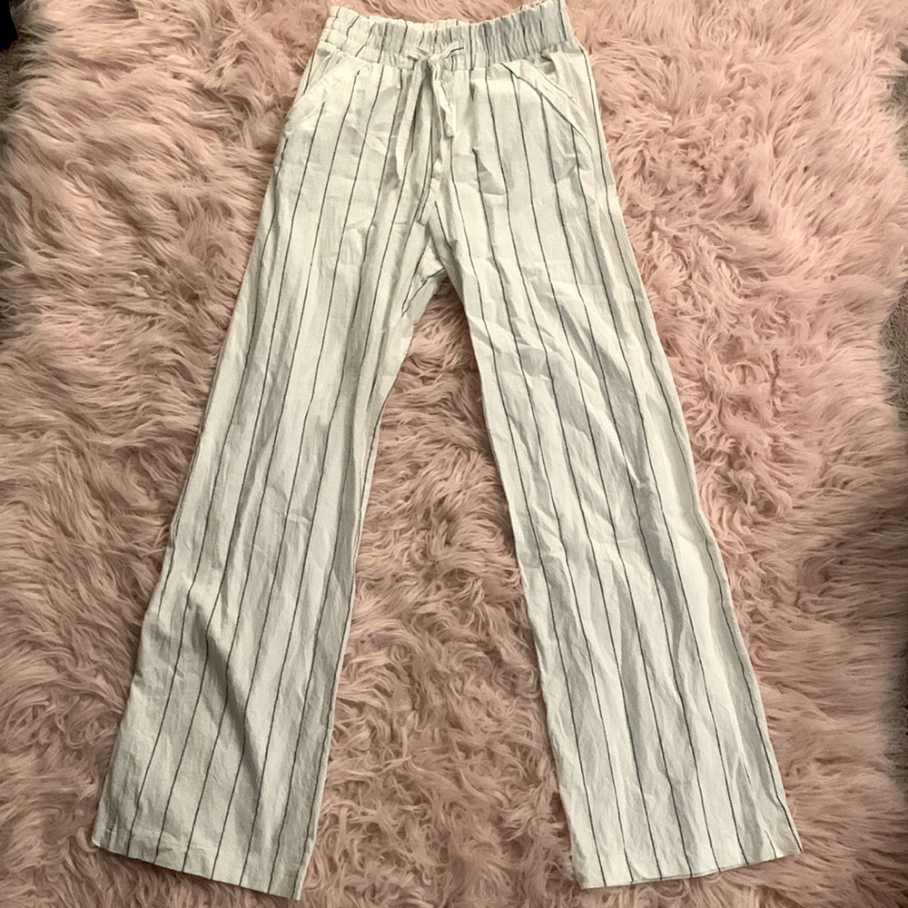 cute pinstripe pants white and grey striped linen pants summer spring pants